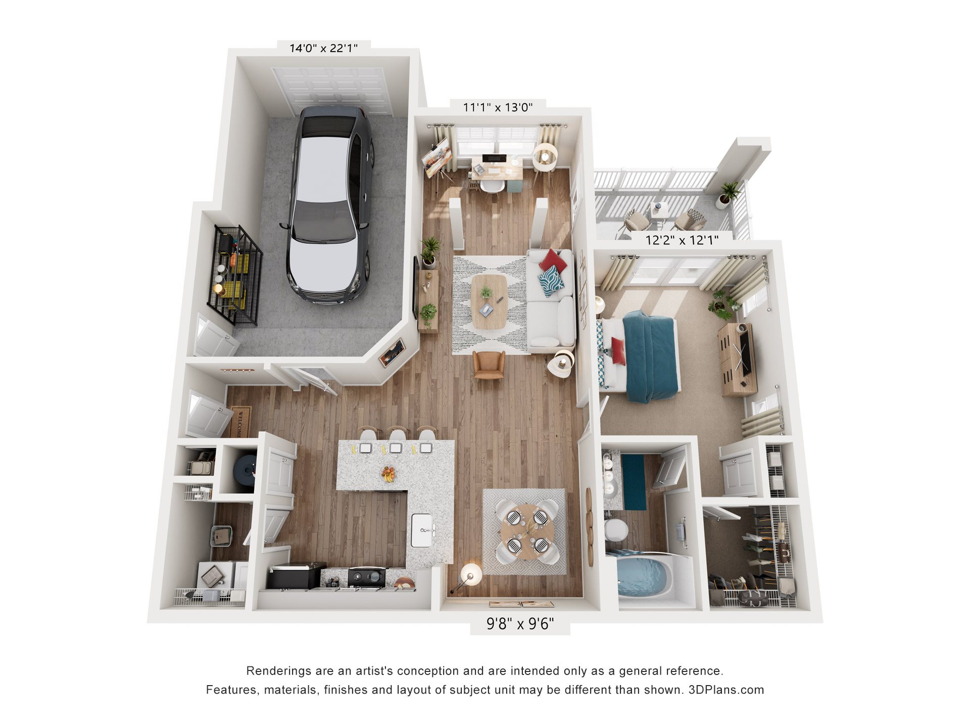 Floor plan for 1 bed, 1 bath, 1039 sqft